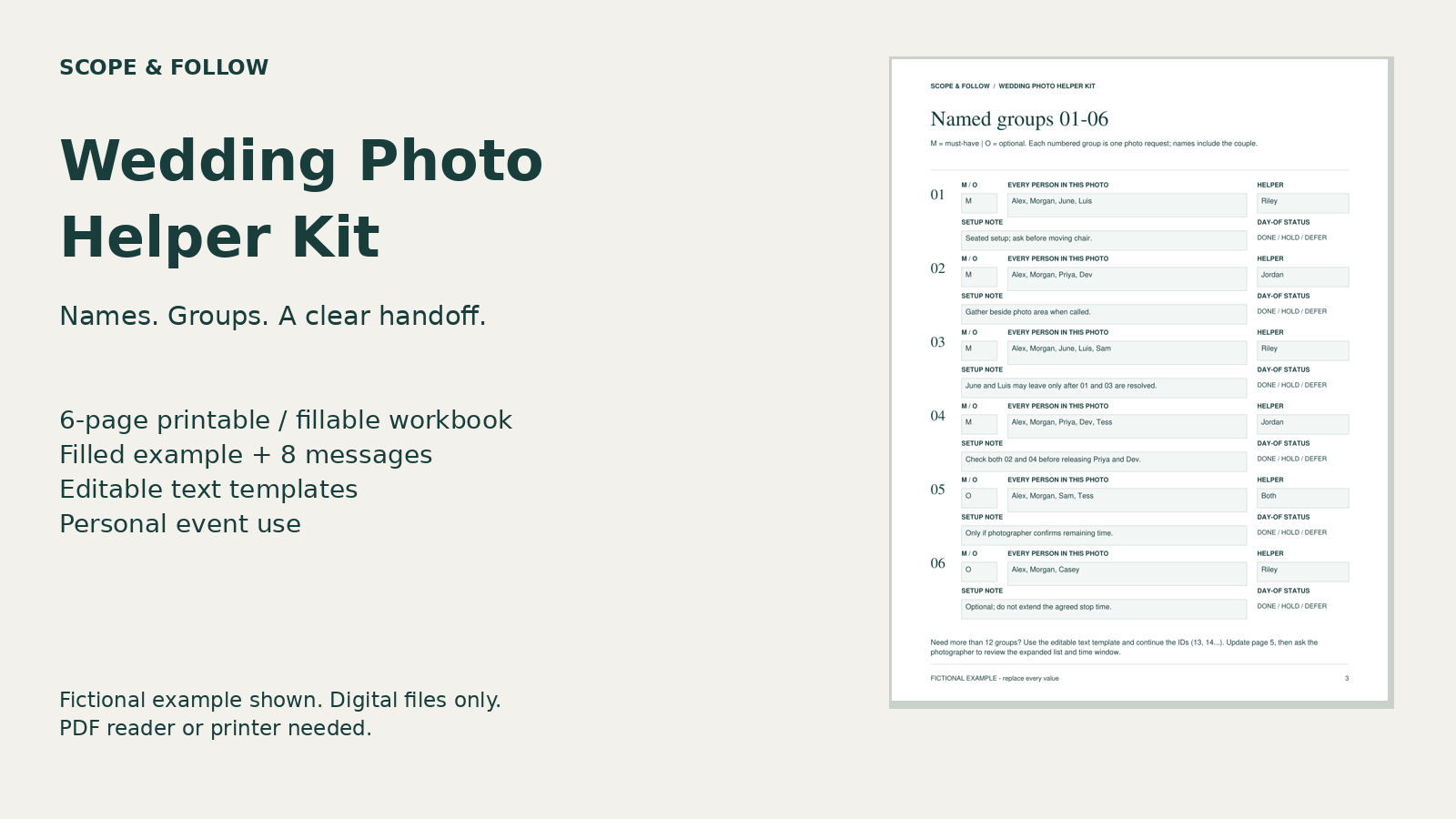 Wedding Photo Helper Kit preview with a fictional group-list example.